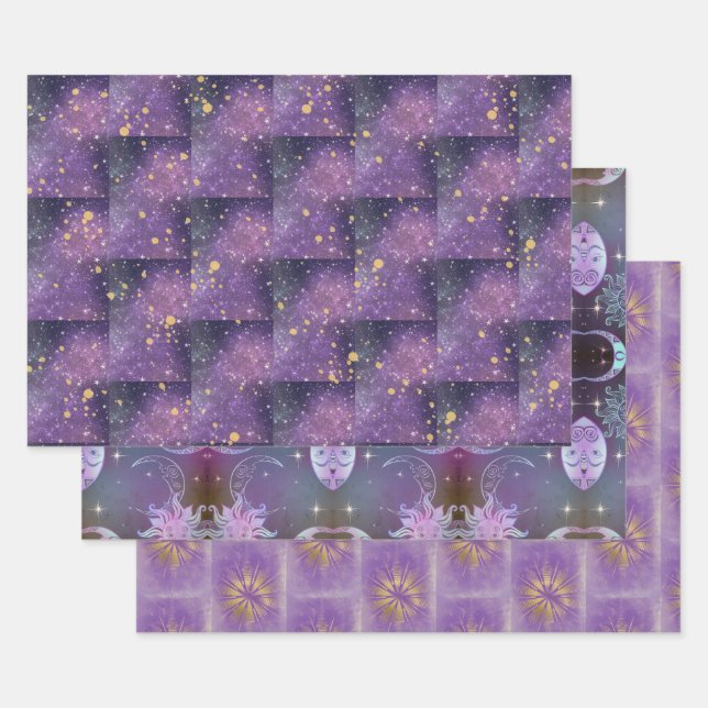 Mystical All Occasion Purple Gold Sparkles Stars Wrapping Paper Sheets (Set)