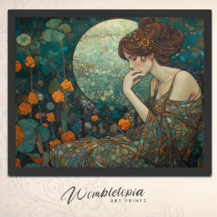 Mystical Amber and Teal Art Nouveau Vintage Framed Art