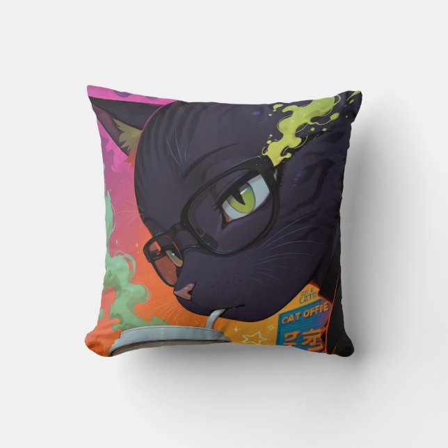 Mystical Anime Black Cat Throw Pillow (Front)