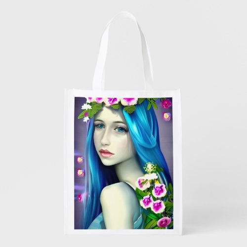 Mystical Art  Beautiful Blue Fairy  Grocery Bag
