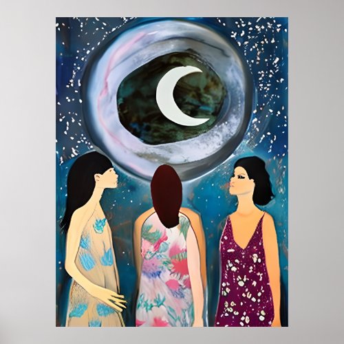 Mystical Art  Women Looking at the Moon Poster