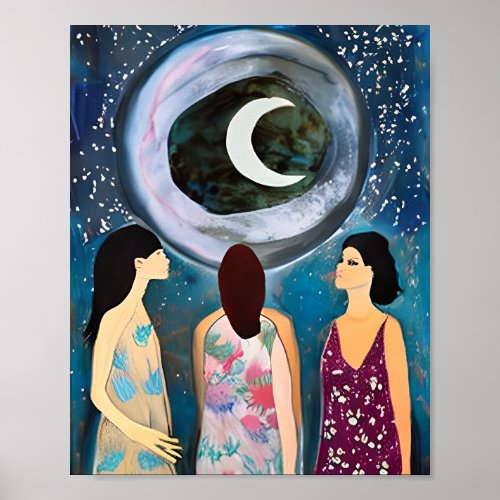 Mystical Art  Women Looking at the Moon Poster