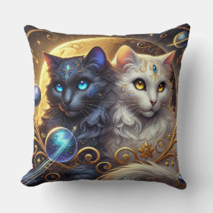 Mystical Artwork of Celestial Cats Amid Stars Throw Pillow
