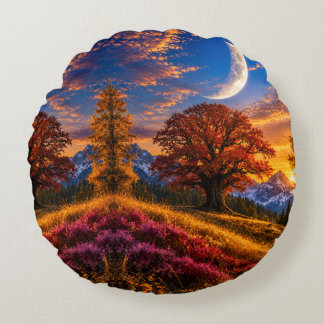 Mystical Autumn Oak Tree Crescent Moon Round Pillow