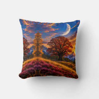 Mystical Autumn Oak Tree Crescent Moon Throw Pillow
