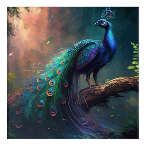 Mystical Beautiful Blue Colorful Peacock in Forest Acrylic Print