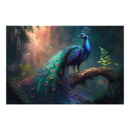 Mystical Beautiful Blue Colorful Peacock in Forest Photo Print