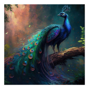 Mystical Beautiful Blue Colorful Peacock in Forest Poster