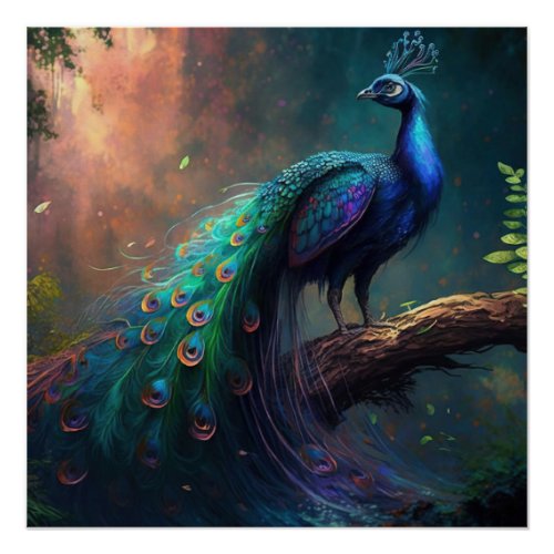 Mystical Beautiful Blue Colorful Peacock in Forest Poster