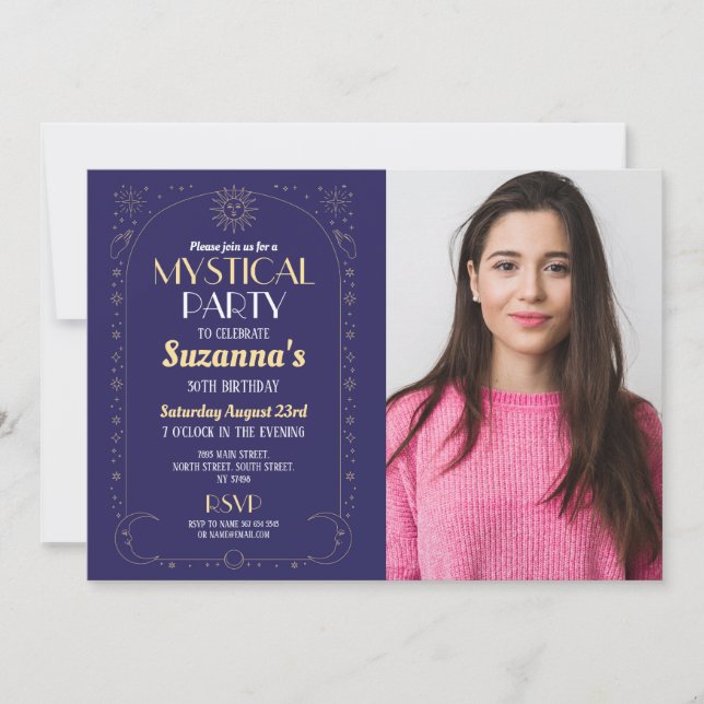 Mystical Birthday Navy Gold Sun Moon Party Photo Invitation (Front)