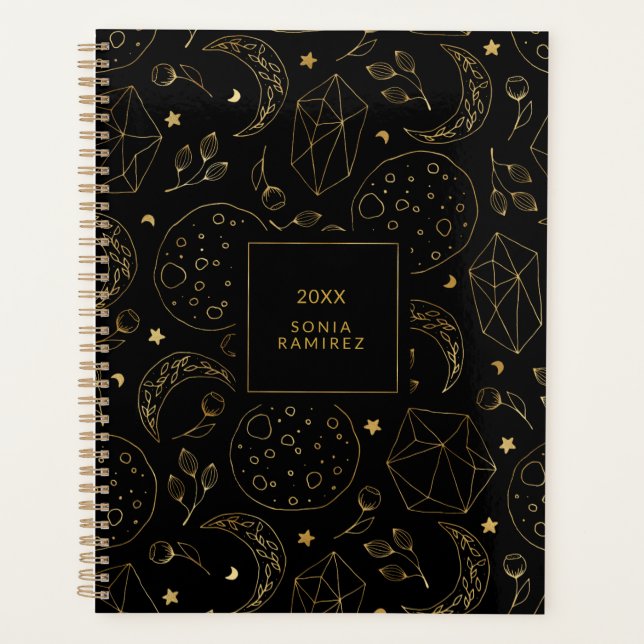 Mystical Black and Gold Crystal Moons Stars Planner (Front)