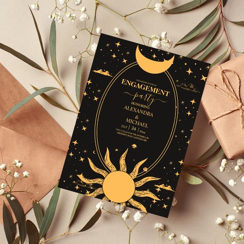  Mystical Black and Gold Sun Moon Engagement Invitation