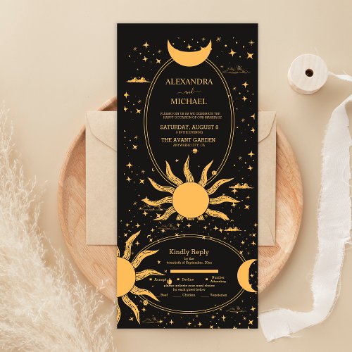  Mystical Black and Gold Sun Moon Wedding All In One Invitation