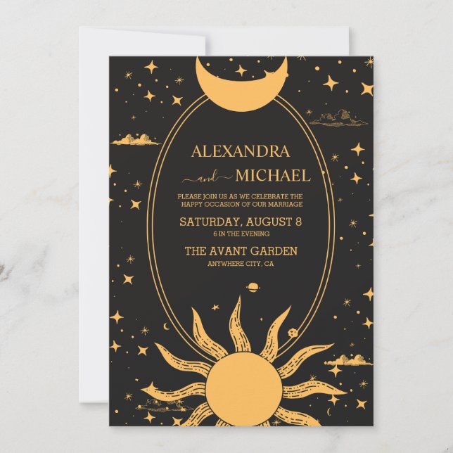 Mystical Black and Gold Sun Moon Wedding Invitation | Zazzle