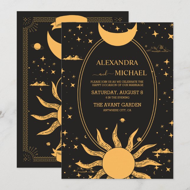 Mystical Black and Gold Sun Moon Wedding Invitation | Zazzle
