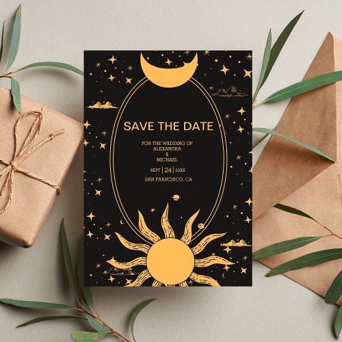  Mystical Black and Gold Sun Moon Wedding Save The Date