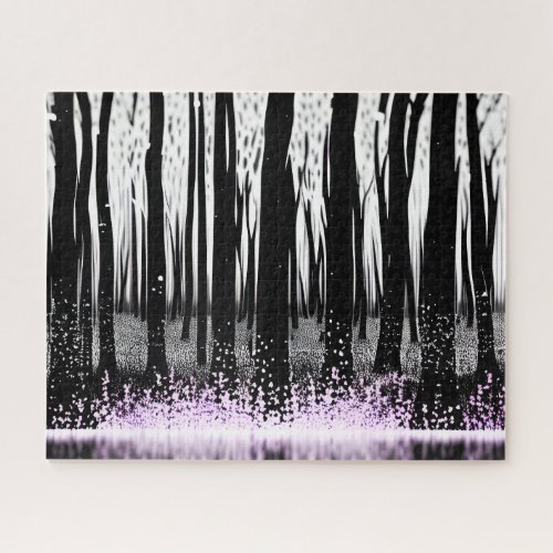 Mystical Black and White Forest with Purple Flower Jigsaw Puzzle
