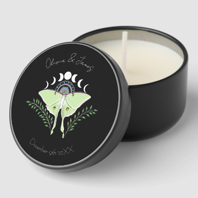 Mystical Black Boho Luna Moth Moon Phases  Mini Candle Favors (Corner)