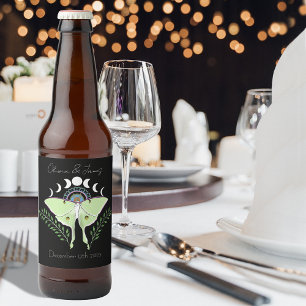 Mystical Black Boho Luna Moth Moon Phases Wedding Beer Bottle Label