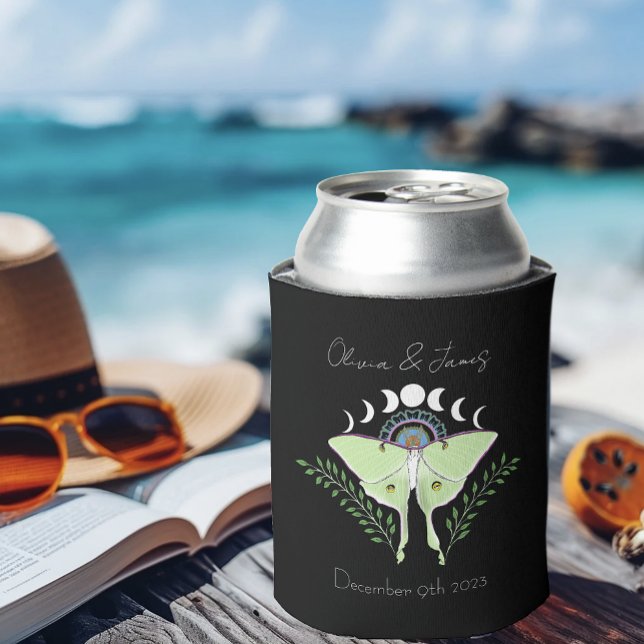 Mystical Black Boho Luna Moth Moon Phases Wedding Can Cooler (Creator Uploaded)