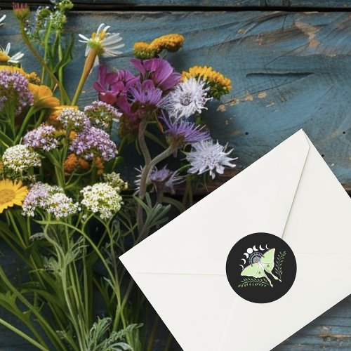 Mystical Black Boho Luna Moth Moon Phases Wedding Classic Round Sticker