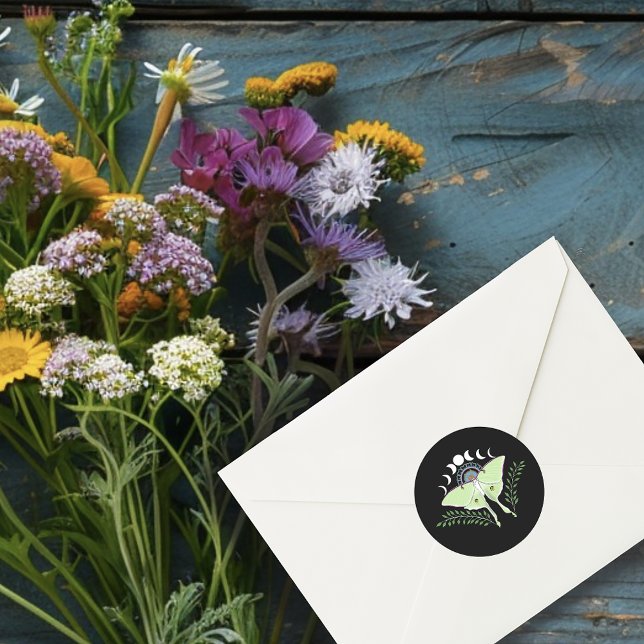 Mystical Black Boho Luna Moth Moon Phases Wedding Classic Round Sticker (Creator Uploaded)