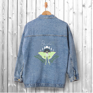 Mystical Black Boho Luna Moth Moon Phases Wedding Denim Jacket