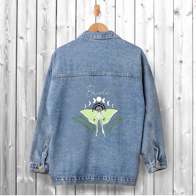 Mystical Black Boho Luna Moth Moon Phases Wedding Denim Jacket (Creator Uploaded)