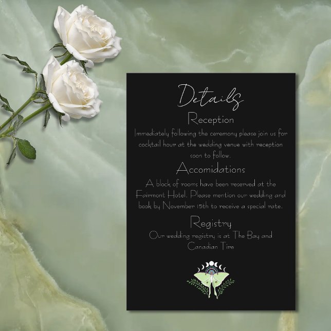 Mystical Black Boho Luna Moth Moon Phases Wedding Enclosure Card (Creator Uploaded)