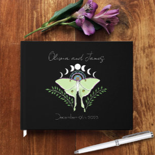 Mystical Black Boho Luna Moth Moon Phases Wedding Guest Book