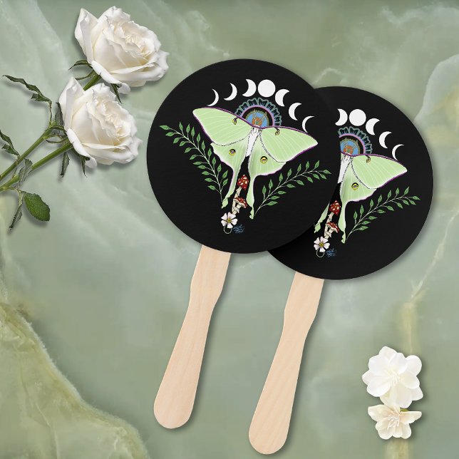 Mystical Black Boho Luna Moth Moon Phases Wedding Hand Fan (Creator Uploaded)