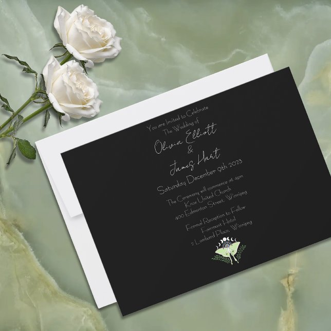 Mystical Black Boho Luna Moth Moon Phases Wedding Invitation (Creator Uploaded)