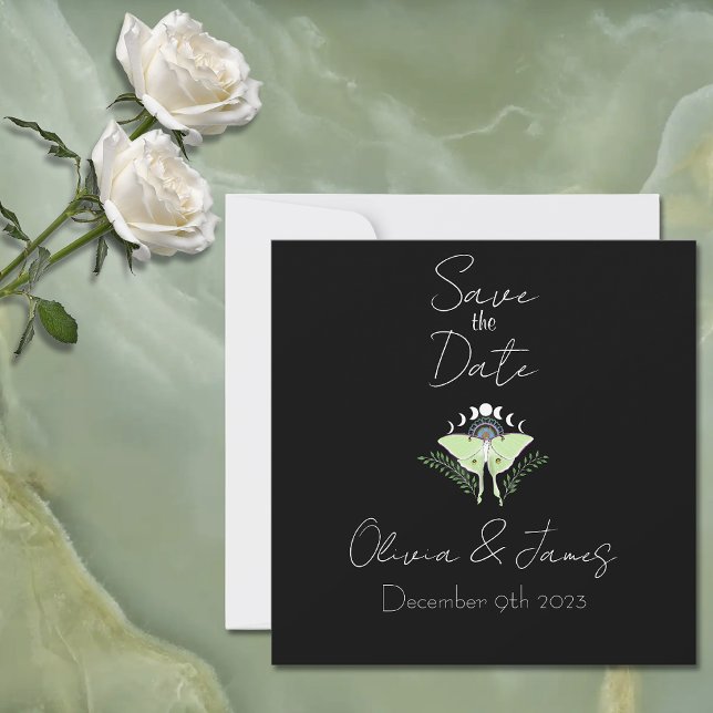 Mystical Black Boho Luna Moth Moon Phases Wedding Invitation (Creator Uploaded)