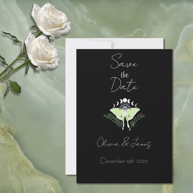 Mystical Black Boho Luna Moth Moon Phases Wedding Invitation (Creator Uploaded)