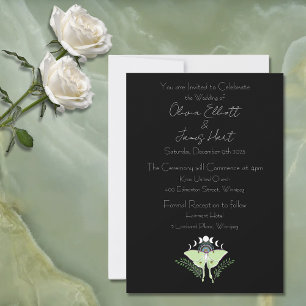Mystical Black Boho Luna Moth Moon Phases Wedding Invitation