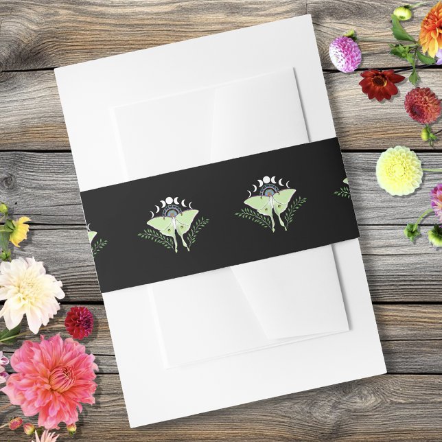 Mystical Black Boho Luna Moth Moon Phases Wedding Invitation Belly Band (Creator Uploaded)