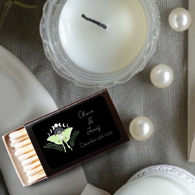 Mystical Black Boho Luna Moth Moon Phases Wedding Matchboxes (Creator Uploaded)