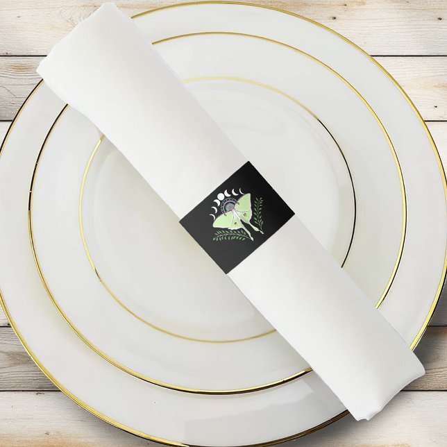 Mystical Black Boho Luna Moth Moon Phases Wedding Napkin Bands (Creator Uploaded)