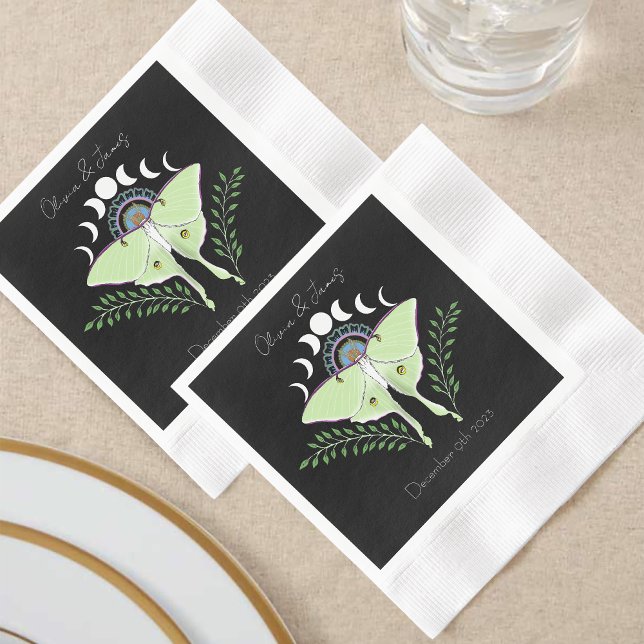 Mystical Black Boho Luna Moth Moon Phases Wedding Napkins (Creator Uploaded)