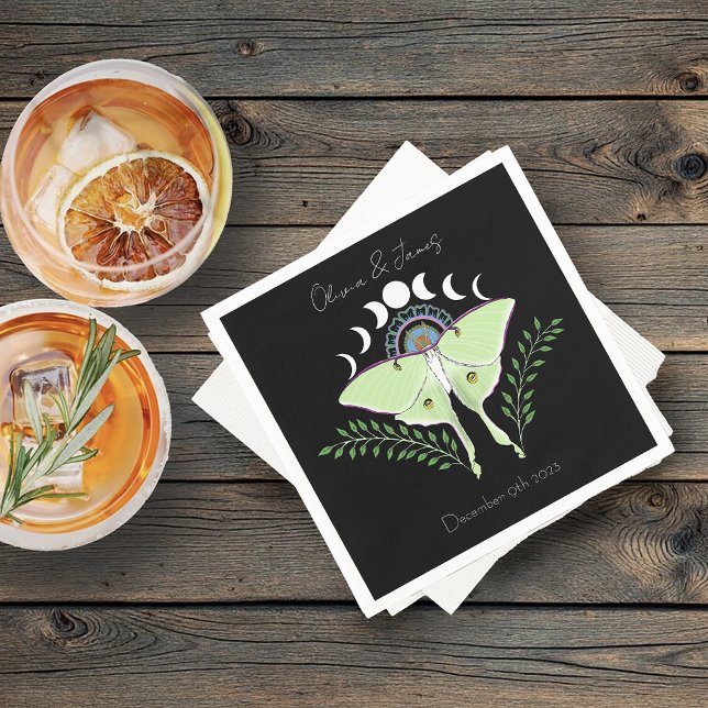 Mystical Black Boho Luna Moth Moon Phases Wedding Napkins (Creator Uploaded)