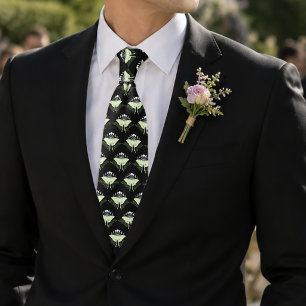 Mystical Black Boho Luna Moth Moon Phases Wedding Neck Tie