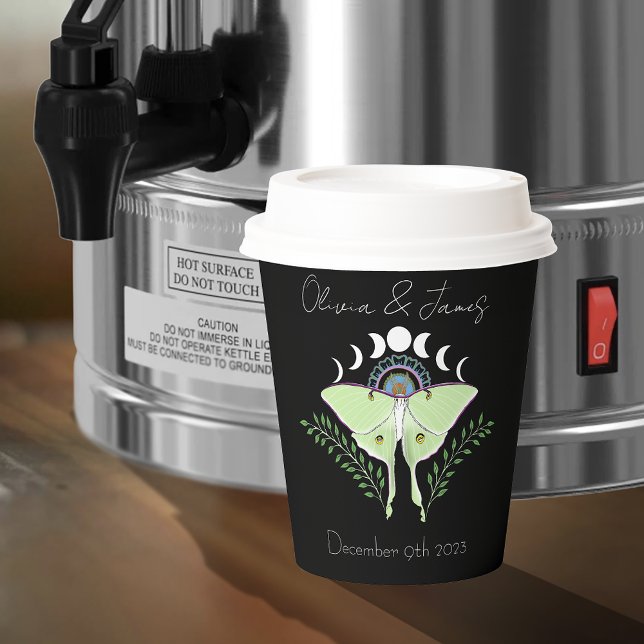 Mystical Black Boho Luna Moth Moon Phases Wedding Paper Cups (Creator Uploaded)