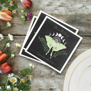 Mystical Black Boho Luna Moth Moon Phases Wedding Paper Dinner Napkins