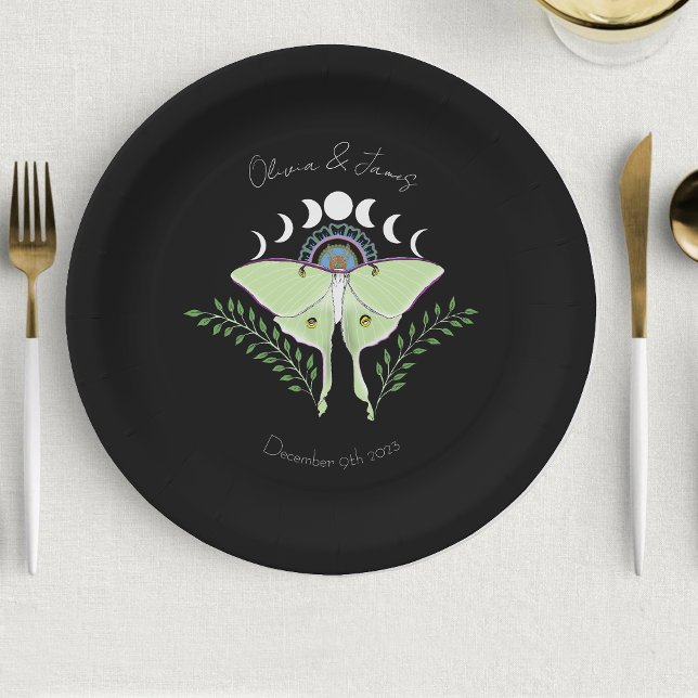 Mystical Black Boho Luna Moth Moon Phases Wedding Paper Plates (Creator Uploaded)