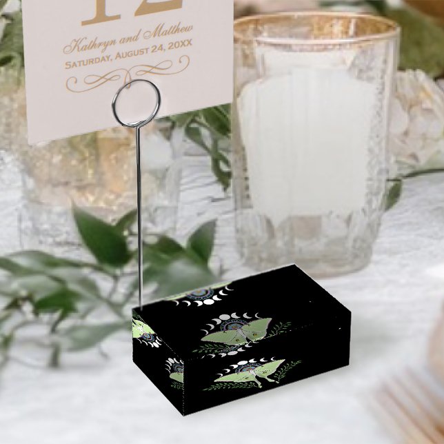 Mystical Black Boho Luna Moth Moon Phases Wedding Place Card Holder (Creator Uploaded)