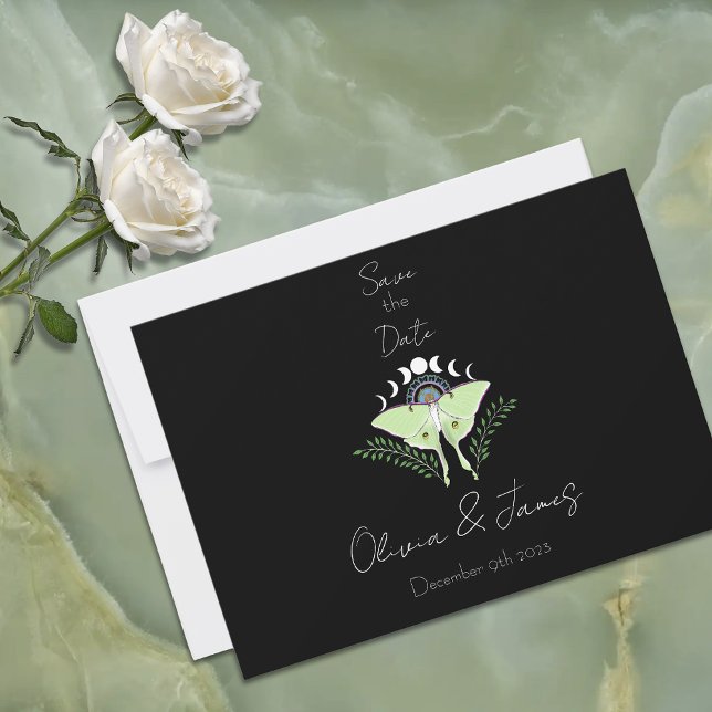 Mystical Black Boho Luna Moth Moon Phases Wedding Save The Date (Creator Uploaded)