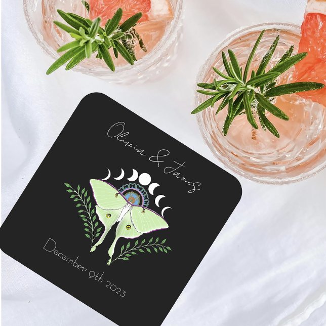 Mystical Black Boho Luna Moth Moon Phases Wedding Square Paper Coaster (Creator Uploaded)