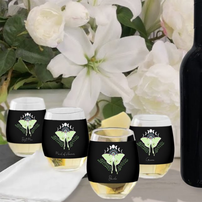 Mystical Black Boho Luna Moth Moon Phases Wedding Stemless Wine Glass (Creator Uploaded)