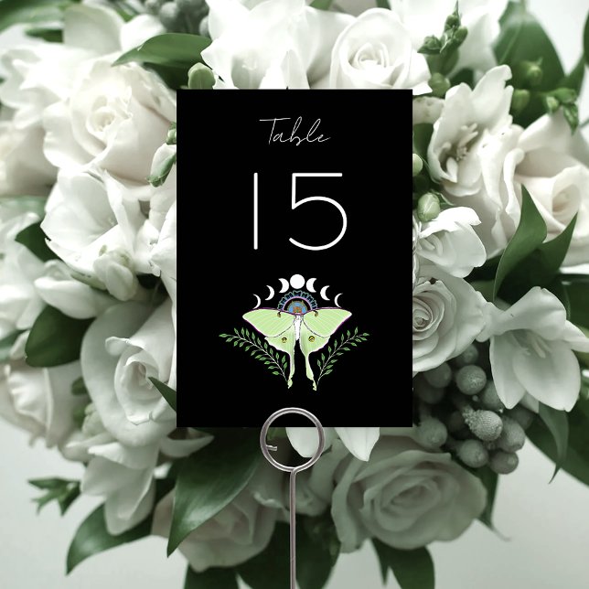 Mystical Black Boho Luna Moth Moon Phases Wedding Table Number (Creator Uploaded)