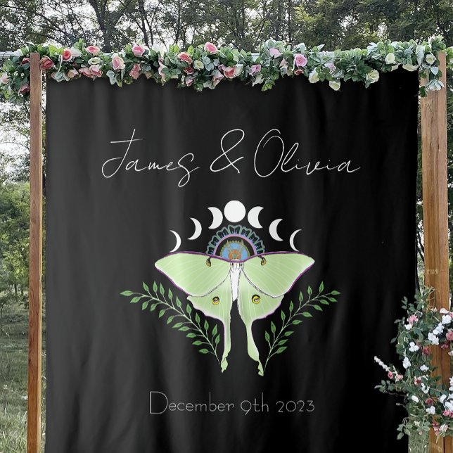 Mystical Black Boho Luna Moth Moon Phases Wedding Tapestry (Creator Uploaded)
